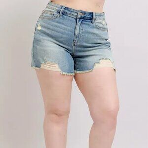 Judy Blue Plus Size High Rise Washed Fly Stitch Detail and Destroy Denim Shorts